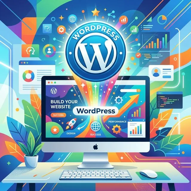 Modern WordPress logo rising from a screen signifying building a website