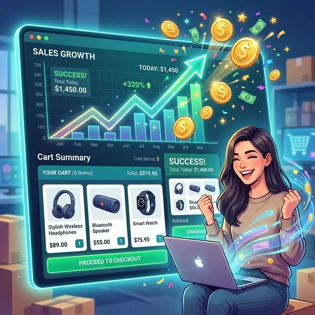 Attractive shopping cart interface with rising sales graph