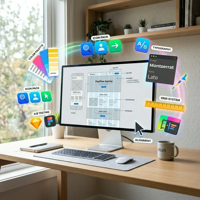 Minimalist workspace showing UI/UX design tools and wireframes