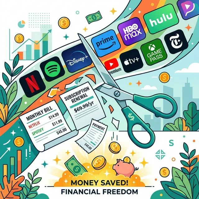 Scissors cutting through multiple subscription logos to save money