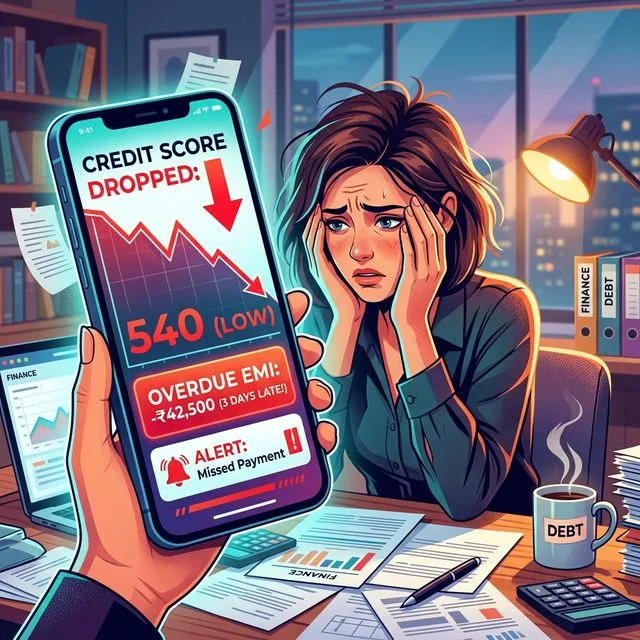 A stressed person looking at a falling credit score and overdue EMI alerts