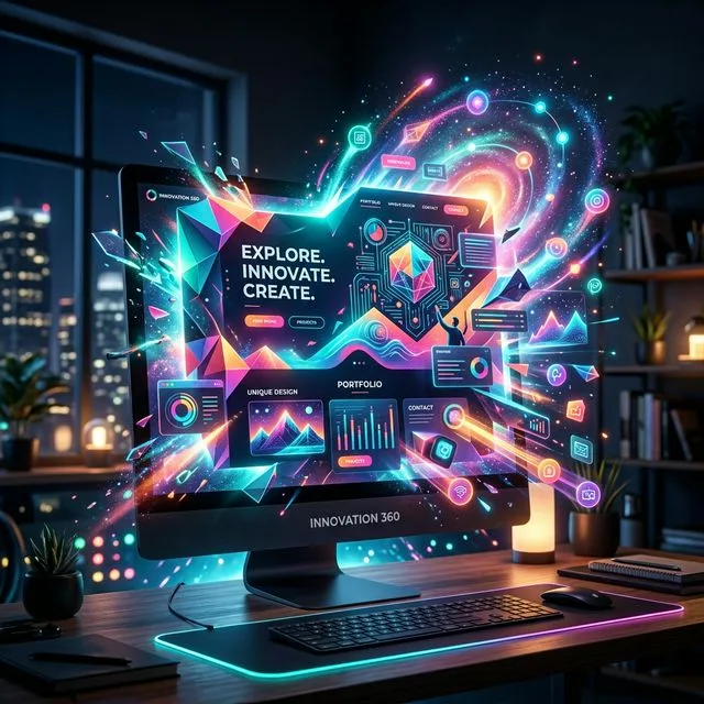 Creative website interface breaking out of computer screen