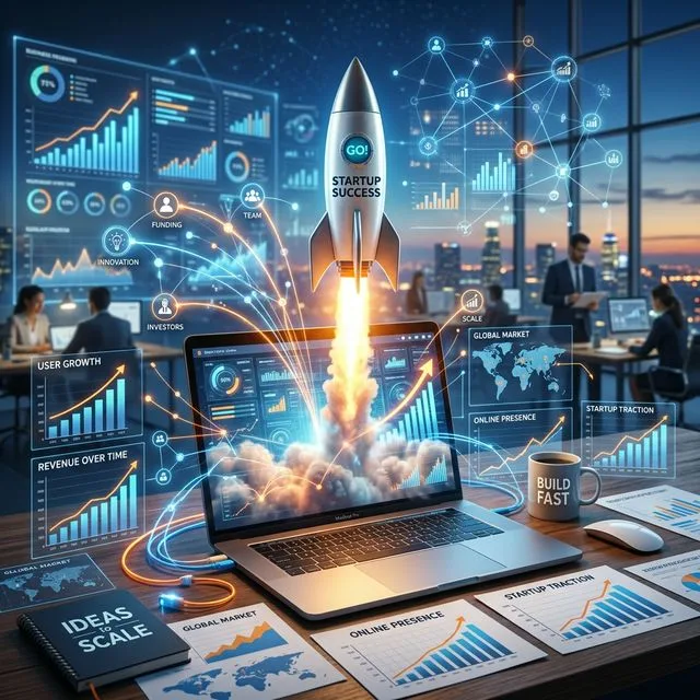 Rocket launching from a laptop symbolizing business growth