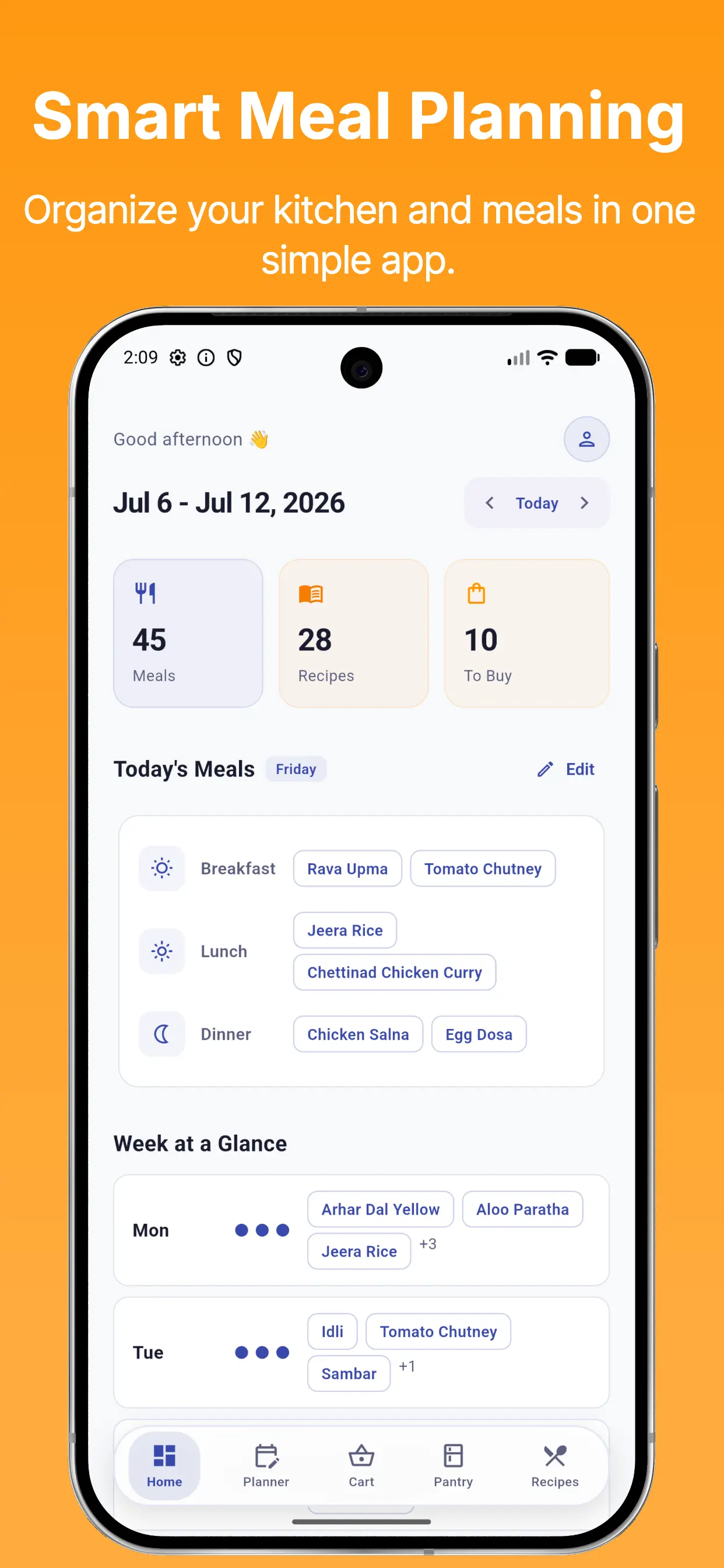 Cook Planner weekly meal planning dashboard