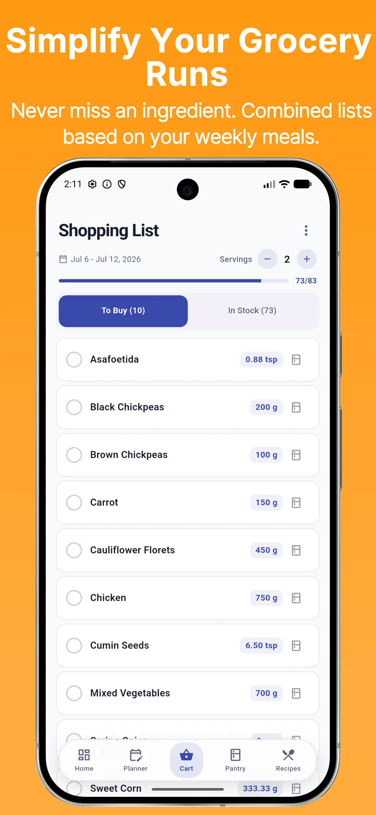 Cook Planner recipe details and ingredients view