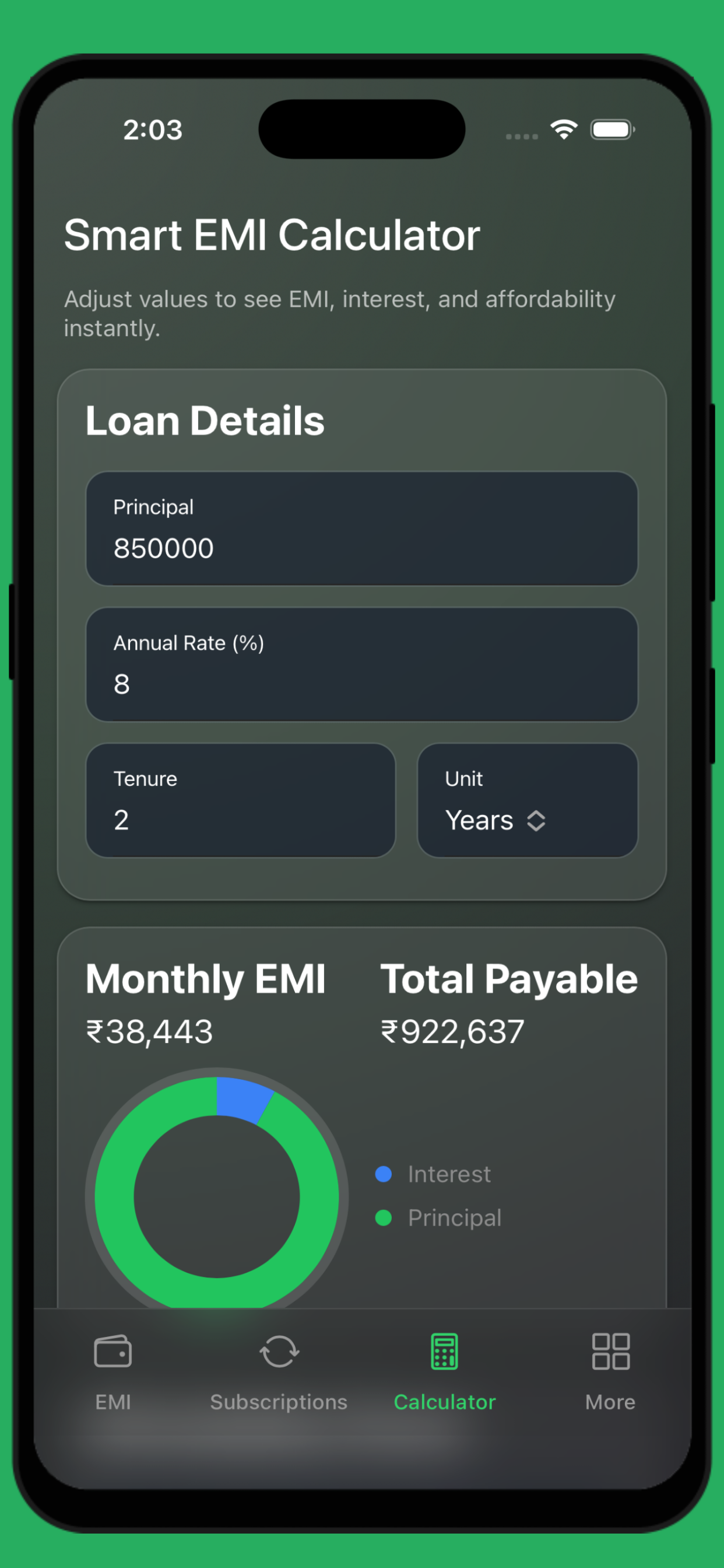 EMI Tracker subscriptions and recurring payments screen