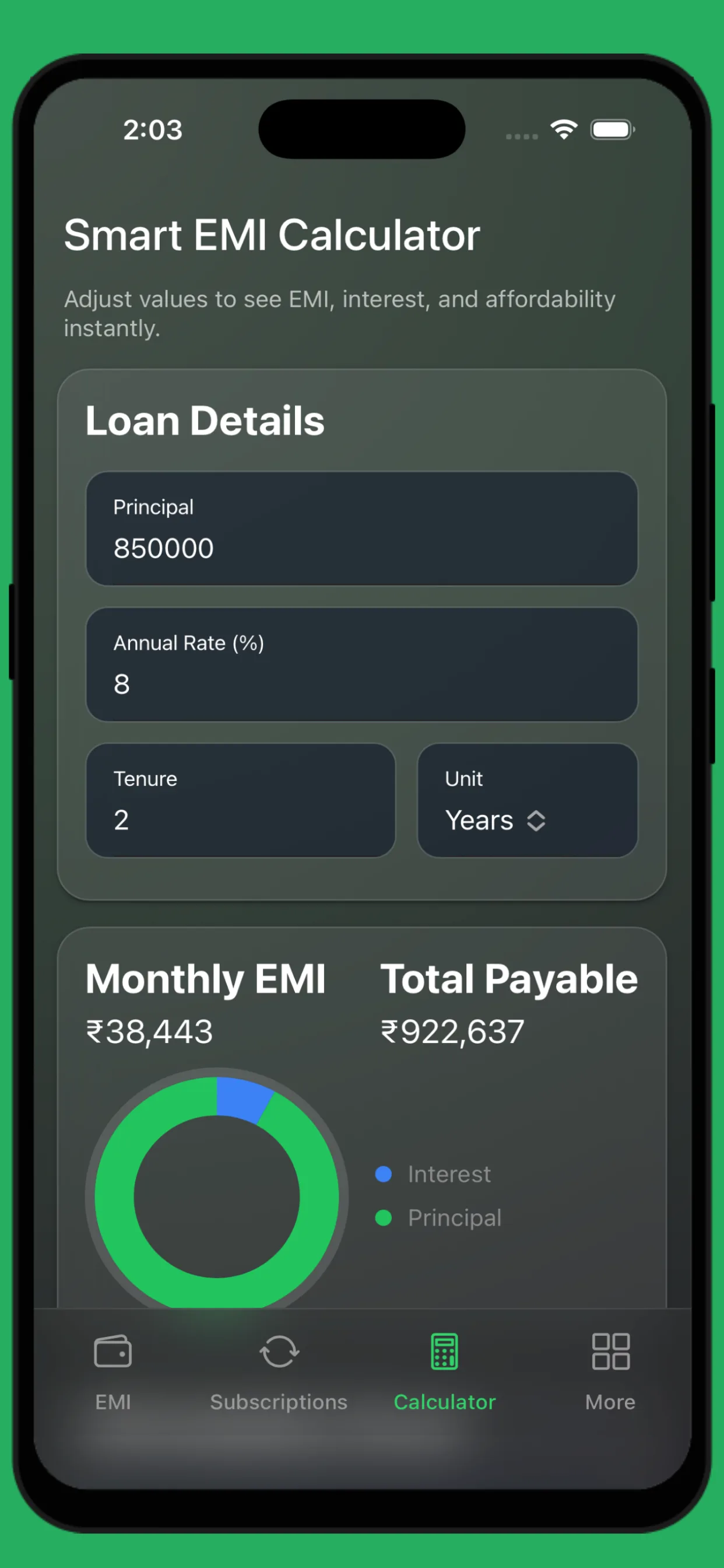 EMI Tracker subscriptions and recurring payments screen