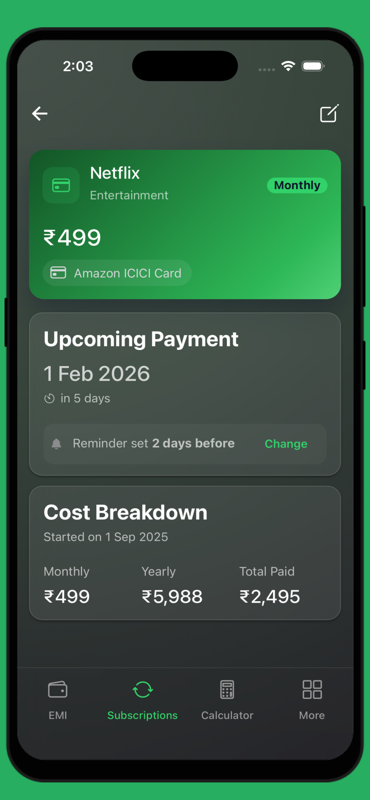 EMI Tracker loan breakdown and due summary screen