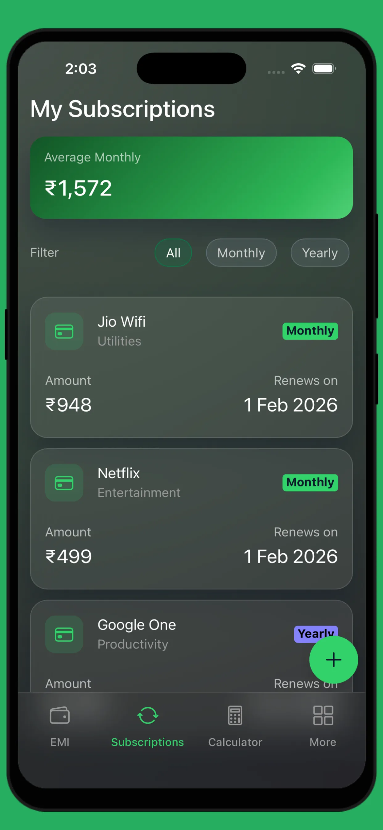 EMI Tracker payment reminder and due status screen