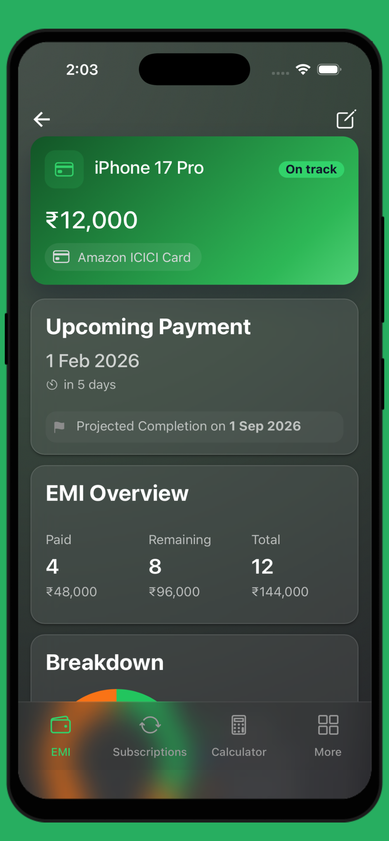 EMI Tracker calculator and planning screen