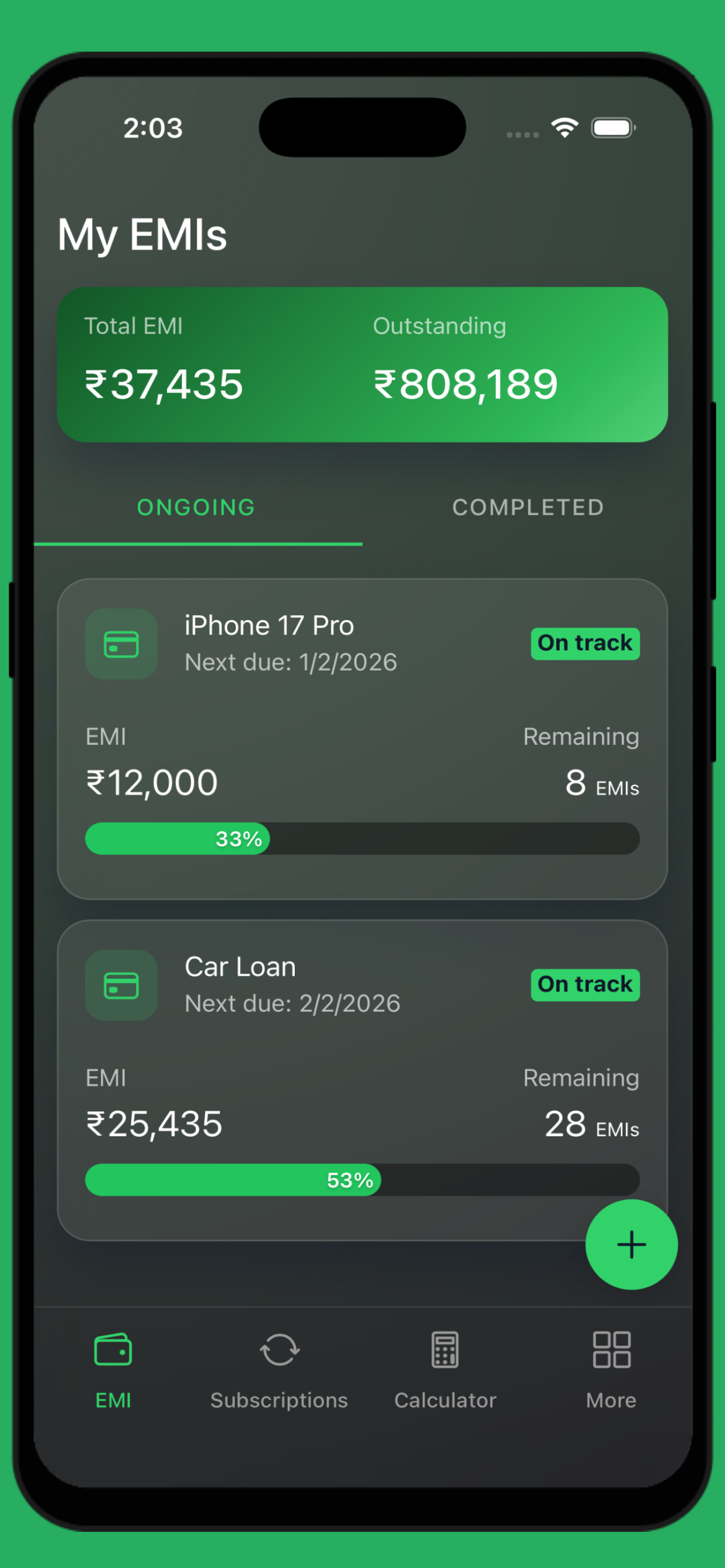 EMI Tracker dashboard and analytics overview