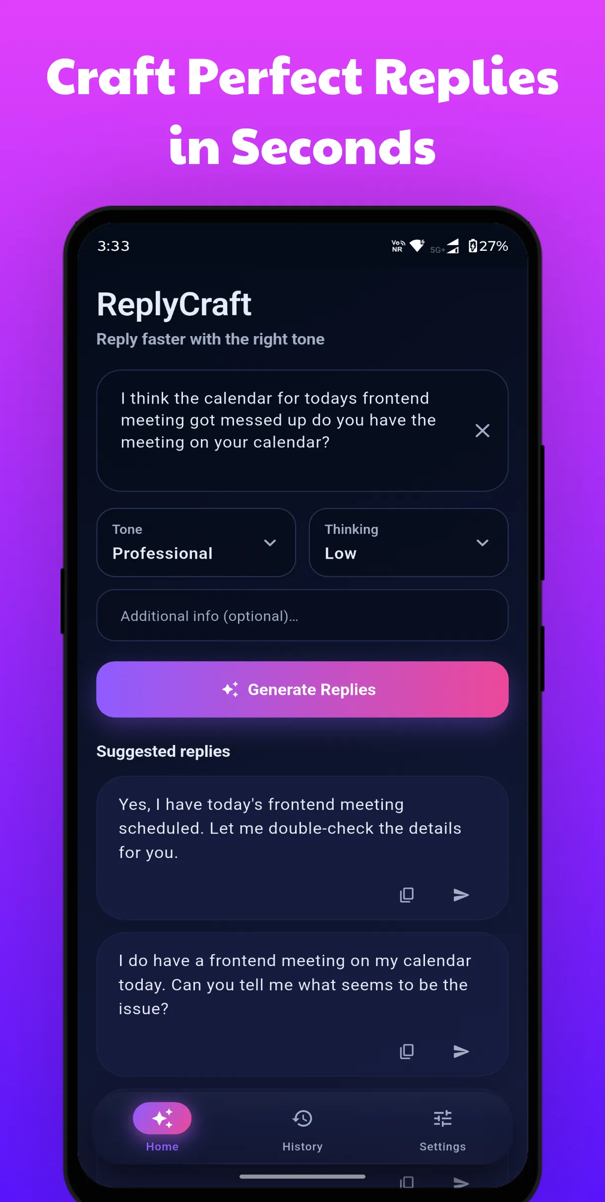 ReplyCraft AI suggestion screen
