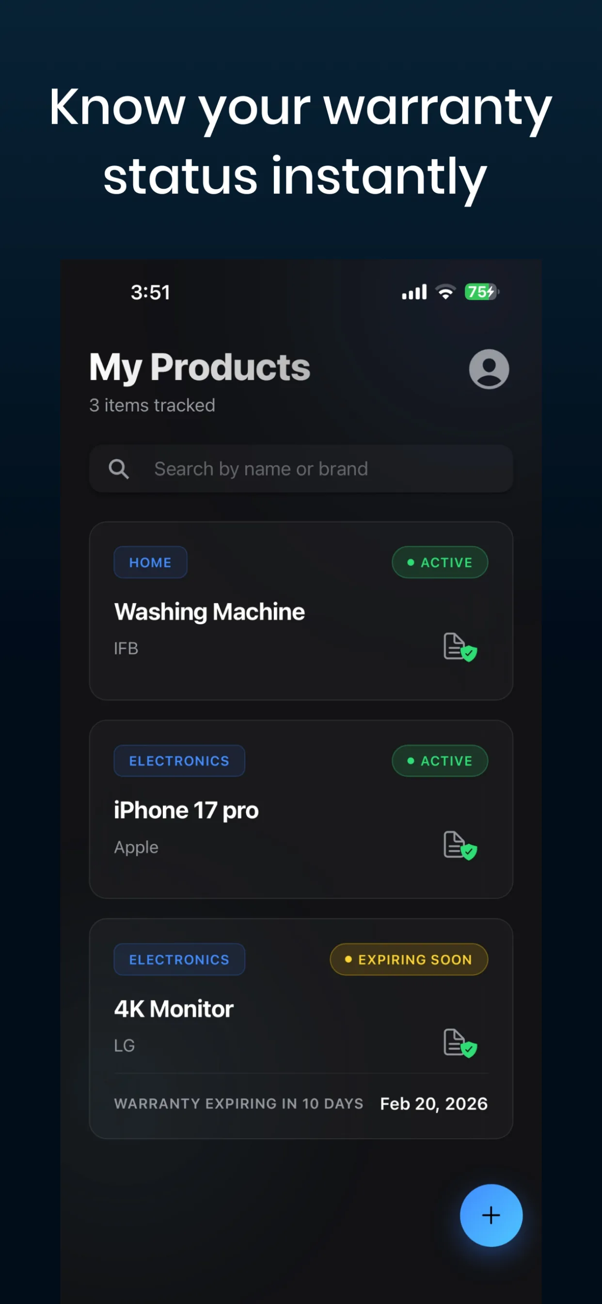 Warranty Tracker overview dashboard with active and expiring products