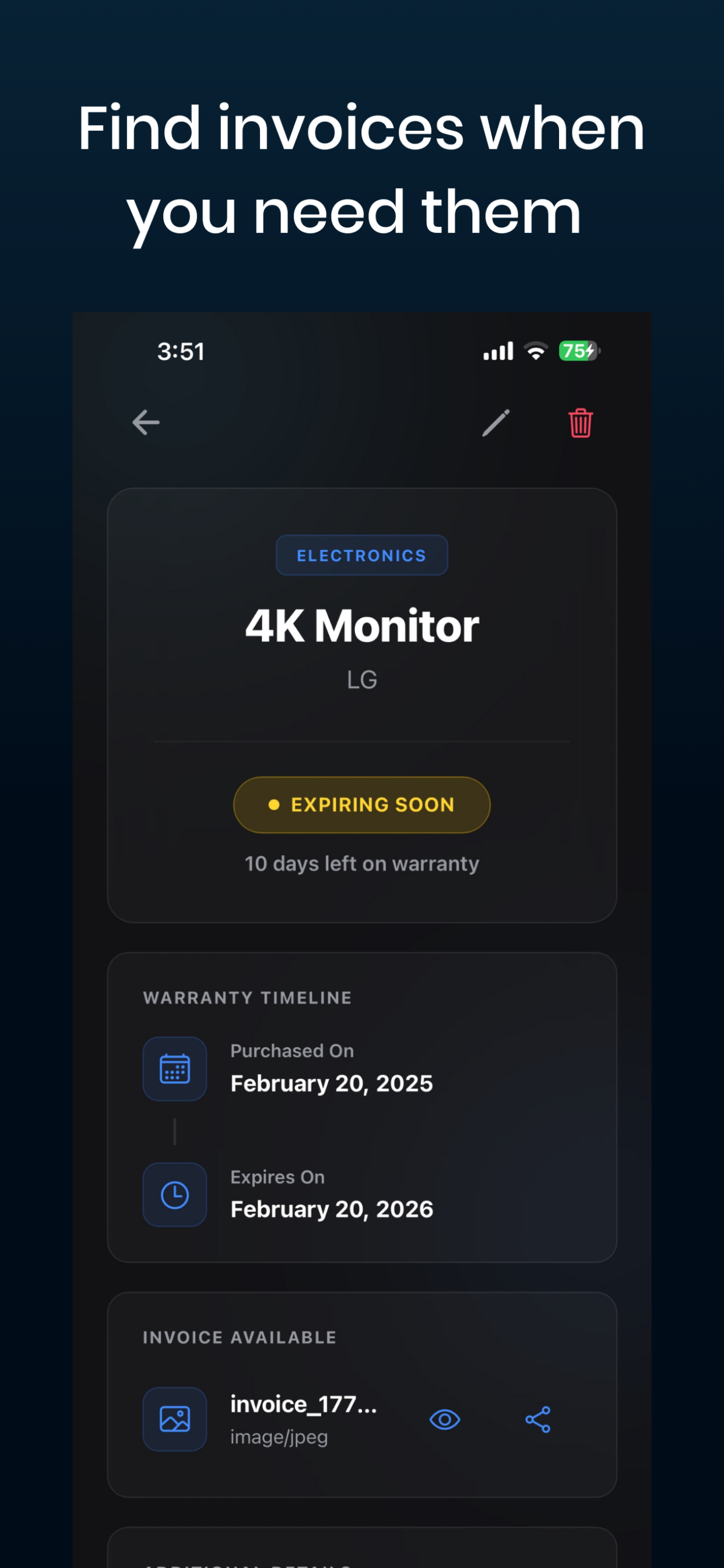 Warranty Tracker invoice attachment and storage screen