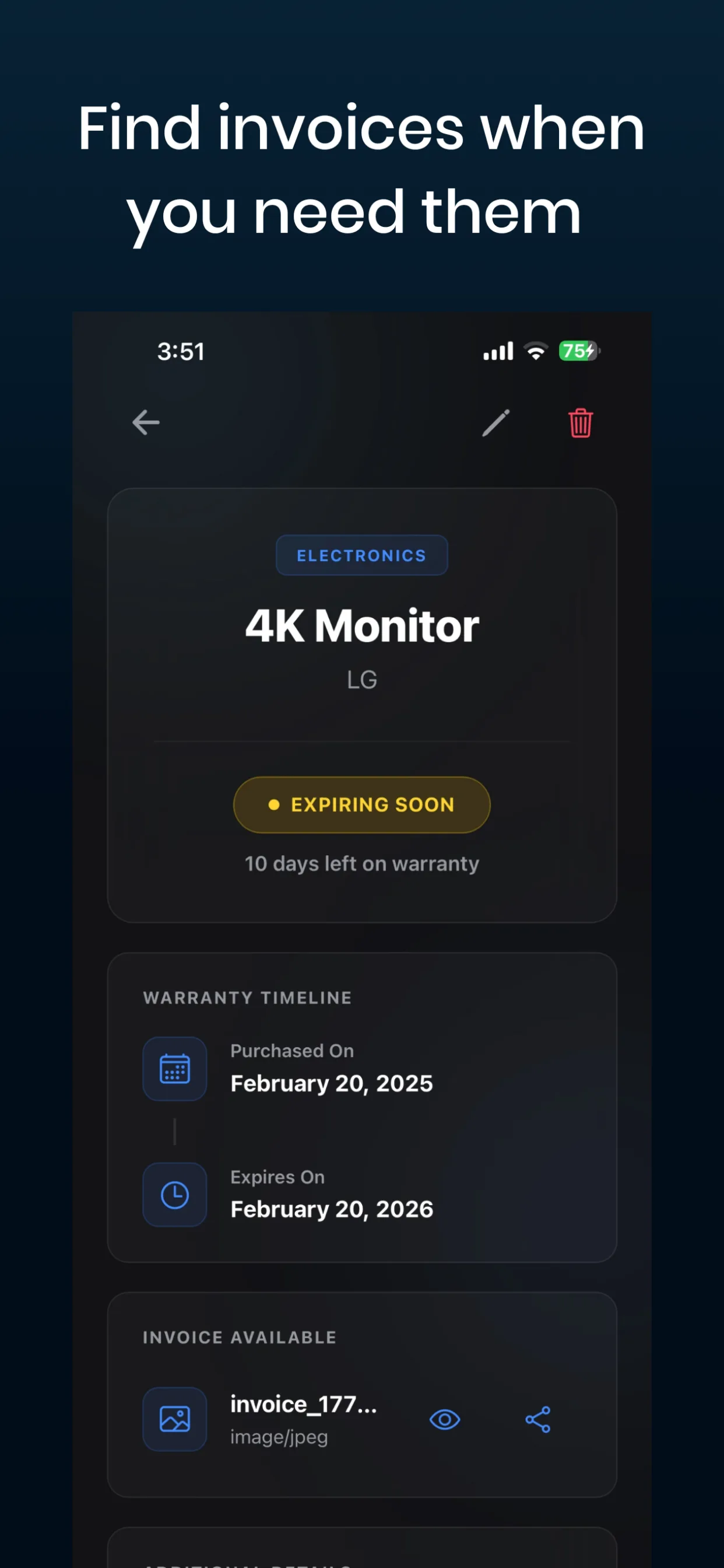 Warranty Tracker invoice attachment and storage screen