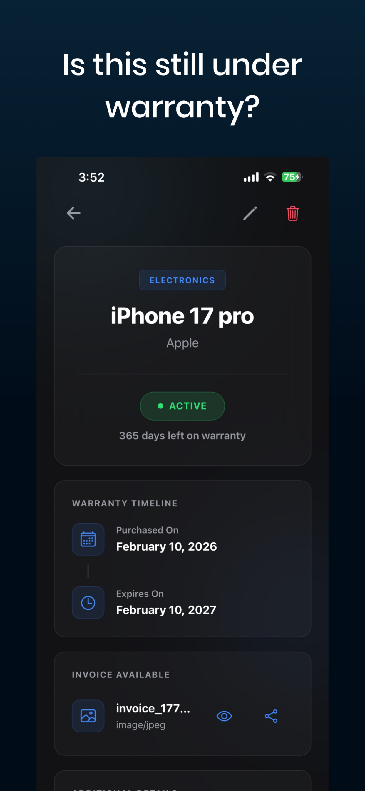 Warranty Tracker list view for household products and warranty status