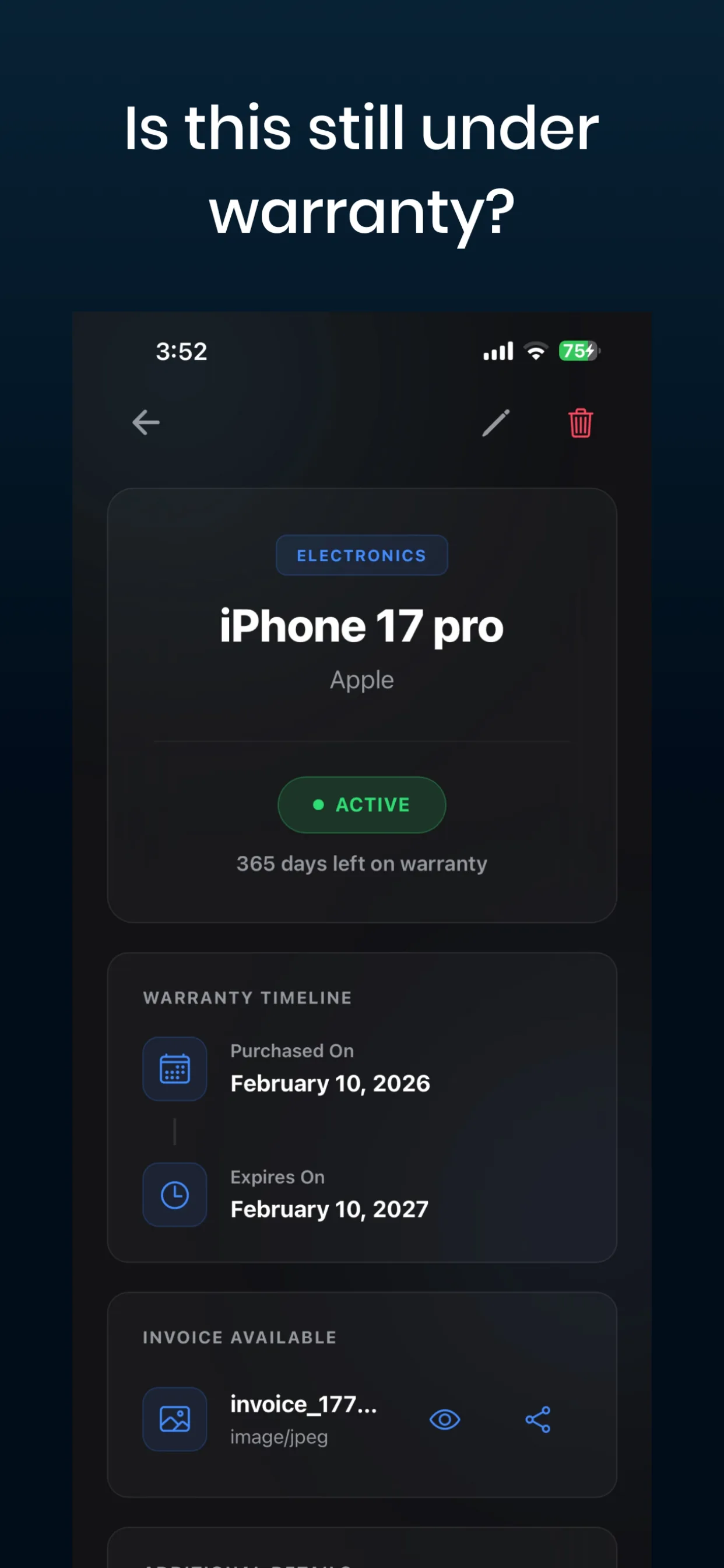 Warranty Tracker list view for household products and warranty status